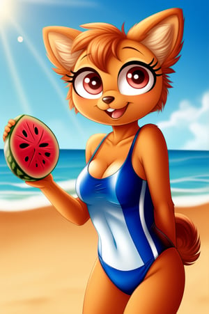 solo (anthro female kiff),
(watermelon swimsuit, breasts, tail, young, body fur, fur tufts, fur fluff, happy, round eyes, big eyes, glistening eyes, big eyelashes, very cute, looking at viewer, standing, outside, beach, hot sunny day)
2d, masterpiece, face closeup,