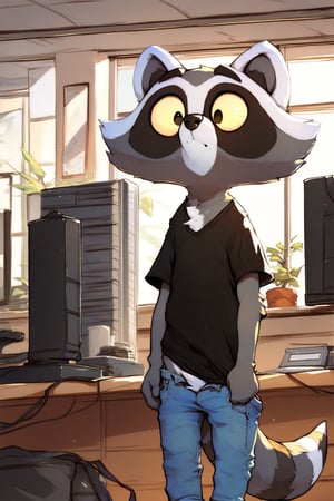 score_9, score_8_up, score_7_up, score_6_up, score_5_up, score_4_up, 1boy, furry male, sfw, black t-shirt, denim jeans, fur on the chest, big eyes, reggie, raccoon, standing, computer room setting