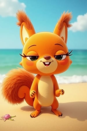 kiff chatterley at the beach, orange squirrel, eyelashes, 3d