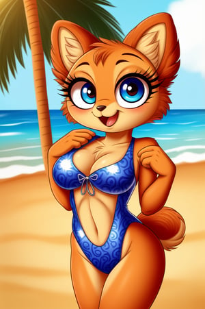 solo (anthro female kiff),
(watermelon pattern swimsuit, breasts, tail, young, body fur, fur tufts, fur fluff, happy, round eyes, big eyes, glistening eyes, big eyelashes, very cute, looking at viewer, standing, outside, beach, hot sunny day)
2d, masterpiece, face closeup,