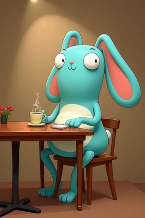 barry buns having a coffee at a cafe, turquoise rabbit, turquoise bunny, 3d