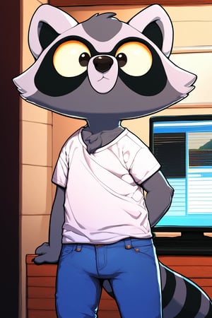 score_9, score_8_up, score_7_up, score_6_up, score_5_up, score_4_up, 1boy, furry male, sfw, black t-shirt, denim jeans, fur on the chest, big eyes, reggie, raccoon, standing, computer room setting, ryuma210 style, 2d