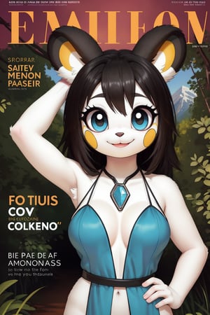 solo (anthro female emolga),
(halterneck evening gown, jewelry, breasts, black long fluffy hair, white body, tall, tail, body fur, fur tufts, fur fluff, round eyes, big eyes, glistening eyes, big eyelashes, very cute, very sexy, looking at viewer, smile, standing, forest walk setting, blue sky view, mountain setting)
3d, masterpiece, face closeup, upper body, emolga, magazine scan,(magazine cover:1.2), cover text, text,