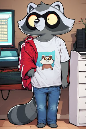 score_9, score_8_up, score_7_up, score_6_up, score_5_up, score_4_up, 1boy, furry male, sfw, black t-shirt, denim jeans, fur on the chest, big eyes, reggie, raccoon, standing, computer room setting, ryuma210 style, 2d