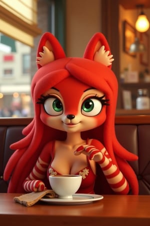 alice having a coffee at a cafe, red vixen, red fox, eyelashes, 3d