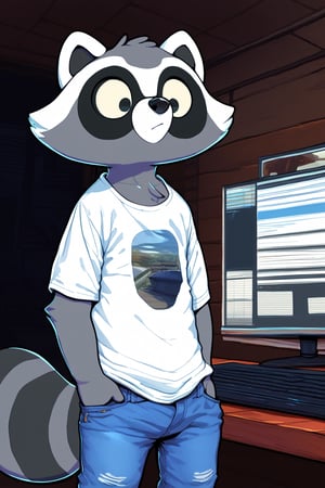 score_9, score_8_up, score_7_up, score_6_up, score_5_up, score_4_up, 1boy, furry male, sfw, black t-shirt, denim jeans, fur on the chest, big eyes, reggie, raccoon, standing, computer room setting, ryuma210 style, 2d