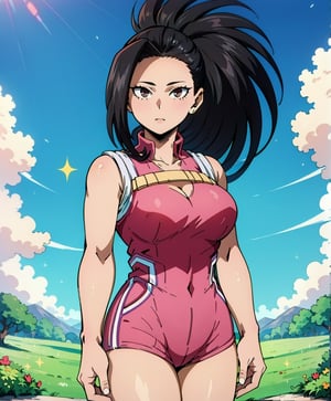 Momo Yaoyorozu stands tall in a sun-kissed field, her black hair flowing gently in the breeze. Her bright brown eyes sparkle as she gazes up at the clear blue sky. Wearing a pink blouse and matching blue shorts, she exudes confidence with her arms relaxed by her sides. The gentle lighting accentuates her stunning features, including her prominent bosom. White socks peek out from under her shorts, adding a touch of sweetness to this beautiful girl's masterpiece pose.