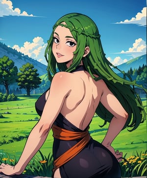 Ibara Shiozaki stands tall in a picturesque meadow, surrounded by a brilliant blue sky and lush green grass. Her long, raven-green hair cascades down her back like a waterfall, framing her beautiful face with striking black eyes that seem to hold the essence of a masterpiece. She wears a stunning Orange dress adorned with vibrant pink stripes, accentuating her curvaceous figure and drawing attention to her impressive bust. The soft lighting captures every detail, from the gentle curls in her hair to the subtle smile playing on her lips as she gazes out at the serene landscape, exuding an aura of quiet confidence and poise.