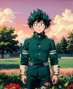 Highly detailed, High Quality, Masterpiece, beautiful (medium long shoot), 1boy, Izuku Midorya, My hero academia, green_hair, green_eyes, school_uniforms, standing, pink sky, field, green grass, 