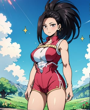 Momo Yaoyorozu stands tall in a sun-kissed field, her black hair flowing gently in the breeze. Her bright brown eyes sparkle as she gazes up at the clear blue sky. Wearing a pink blouse and matching blue shorts, she exudes confidence with her arms relaxed by her sides. The gentle lighting accentuates her stunning features, including her prominent bosom. White socks peek out from under her shorts, adding a touch of sweetness to this beautiful girl's masterpiece pose.