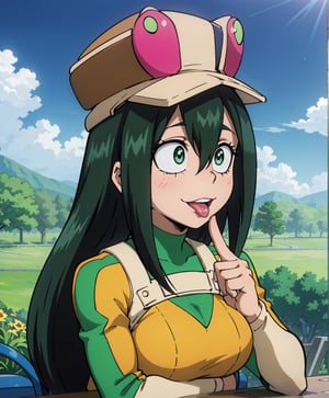 Tsuyu Asui stands confidently in a medium-long shot, her bright green eyes open and sparkling with a radiant smile. Her school uniform is immaculately presented, showcasing her impressive bust size. A large, pink tongue darts out to lick her lips, adding a touch of playfulness to her expression. Perched atop her head, a frog-shaped hat teeters precariously, accompanied by a miniature frog perched on her shoulder. The background is meticulously detailed, featuring a serene blue sky and lush green field stretching into the distance. Asui's beauty shines through in this stunning anime-inspired scene.