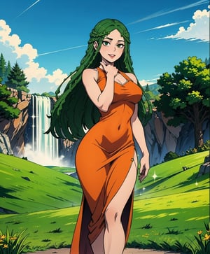 Ibara Shiozaki stands tall amidst a picturesque meadow, her vibrant green locks cascading down her back like a waterfall of emeralds. The warmth of the sun illuminates her striking features - dark eyes shining like polished onyx, and full lips curled into a gentle smile. Her long hair flows in the breeze as she wears a stunning orange dress that complements the lush green grass beneath her feet. Against the brilliant blue sky, Ibara's beauty is truly a masterpiece, radiating confidence and poise as she stands tall, her presence captivating all who gaze upon her.