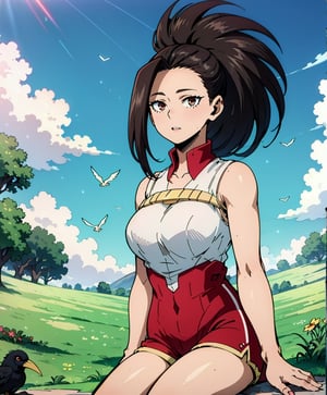 Momo Yaoyorozu stands triumphantly in a sun-drenched meadow, her raven tresses whipping softly across the grass as she basks in the radiant warmth. Her luminous brown eyes shine like stars as she tilts her face upwards, drinking in the cerulean sky's boundless beauty. Clad in a vibrant pink blouse and matching azure shorts, she exudes self-assurance with her arms resting languidly by her sides. The gentle sunlight casts a flattering glow on her striking features, highlighting her notable bustline. A sweet touch is added as white socks peek out from beneath her shorts, harmonizing with the soft hues of this captivating tableau.