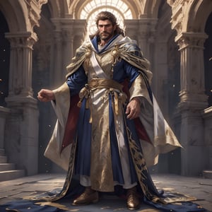 a muscular man, king, gown, drift large cloak, brown long hair, beard, elder, wisecondescending, looking down, (full body shot), standing, palace, brilliant, glorious, 4k definition, HD resolution, highly detailed, realistic, dynamic action, handsome face beard.,fr4ctal4rmor