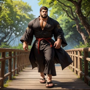 a strong man, black kimono, long coat, sandals, short hair, beard, tough, stocky, fierce eyes, strong chin, and sharp facial contours, (full body shot), walk on the ancient wooden bridge, under the maple, 4k definition, HD resolution, highly detailed, realistic, dynamic action, handsome face beard.,Hyper detailed muscle,Frazetta,best quality