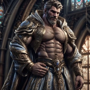 a muscular man, short hair, beard, suit, robe, exquisite clothing, elaborate, elegant, modified, magic atmosphere, complex, magical composition, beautiful detailed, (full body shot), standing, stained glass window background, dynamic pose, 4k definition, HD resolution, highly detailed, realistic, dynamic action, handsome face beard.