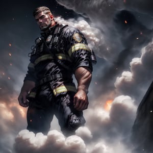 a muscular man, firefighter, short hair, beard, standing, flame, smoke, full body shot, 4k definition, HD resolution, highly detailed, realistic, dynamic action, handsome face beard.,Hyper Realistic photo ,nijimale