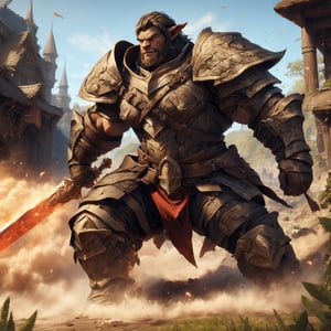 a muscular man, Orcs, warrior, beard, tough, (full body shot), holding a giant sword, on the battlefield, 4k definition, HD resolution, highly detailed, realistic, dynamic action.