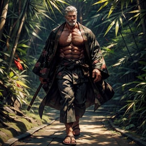  a strong man, black kimono, long coat, sandals, white hair, beard, tough, (full body shot), walking in the bamboo forest, HD resolution, highly detailed, realistic, dynamic action.