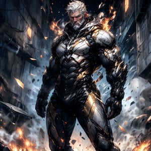  a strong man, white hair, beard, tough, (full body shot), gold, & black patternbodysuit, science fiction background, HD resolution, highly detailed, realistic.