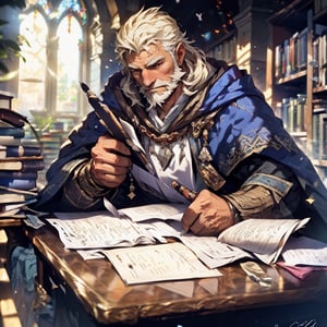 a muscular man, long hair, beard, gown, drift large cloak, , (full body shot), (writing on desk), sitting and writing at desk, fantasy ancient library background, sunlight through the exquisite window, gorgeous decorative patterns, HD resolution, highly detailed, realistic.