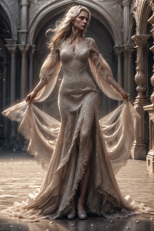 a elegant female, Gorgeous white dress with wide tulle, wind blows up the clothes, long hair, move forward, in the palace, full body shot, 4k definition, HD resolution, highly detailed, realistic, dynamic action.,fr4ctal4rmor,1 girl