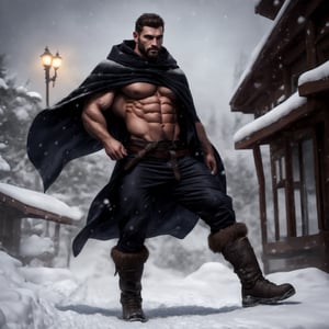 a muscular man, strong limbs, black clothes, large cloak, brown short hair, fierce eyes, male focus, (full body shot),  standing at the alpine snow, heavy snow falling, blizzard, 4k definition, HD resolution, highly detailed, realistic, dynamic action, handsome face beard.,Perfect abs,best quality