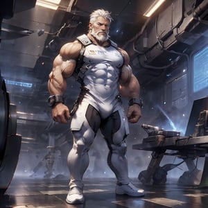  a strong man, white hair, beard, tough, (full body shot), Unitard, standing at the science fiction base, HD resolution, highly detailed, realistic.