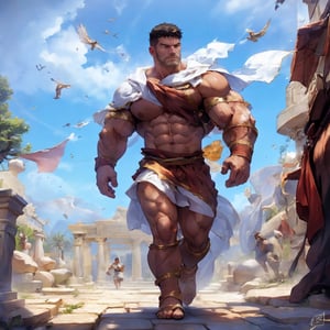 a muscular man, beard, Roman toga, tough, (full body shot), walking on the ancient greece , HD resolution, highly detailed, realistic, dynamic action.