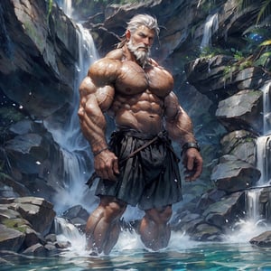  a strong man, white hair, beard, tough, (full body shot), under the waterfall, standing in the water, HD resolution, highly detailed, realistic.