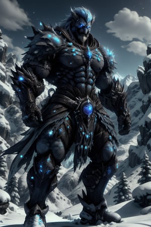 a muscular man, frost undead warrior, frost giant, blue twinkling eyes, dark skin, beard, tough, (full body shot), eerie icy mist, standing on the alpine snow, 4k definition, HD resolution, highly detailed, realistic, dynamic action.