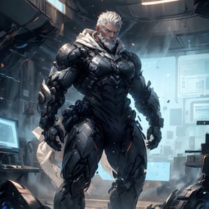  a strong man, white hair, beard, tough, (full body shot), skin-tight garment, guard, arm, standing at the science fiction base, mechanical, electronic, screen, HD resolution, highly detailed, realistic.