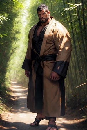 a strong man, black kimono, long coat, sandals, short hair, beard, tough, stocky, fierce eyes, strong chin, and sharp facial contours, (full body shot), walk in the bamboo forest, 4k definition, HD resolution, highly detailed, realistic, dynamic action, handsome face beard.,nijimale,Perfect abs