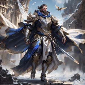 a muscular man, sacred armor, forehead protector, large cloak, hold sword, short hair, beard, look up, (full body shot), floating in the air, fly upward, 4k definition, HD resolution, highly detailed, realistic, dynamic action, handsome face beard.,fr4ctal4rmor,Hyper Realistic photo ,knight