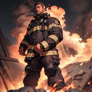 a muscular man, firefighter, short hair, beard, standing, flame, smoke, full body shot, 4k definition, HD resolution, highly detailed, realistic, dynamic action, handsome face beard.,Hyper Realistic photo ,nijimale,yofukashi background