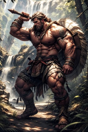 a muscular man, short hair, facial hair, barbarian, rough, (full body shot), wilderness, HD resolution, highly detailed, realistic, dynamic action.