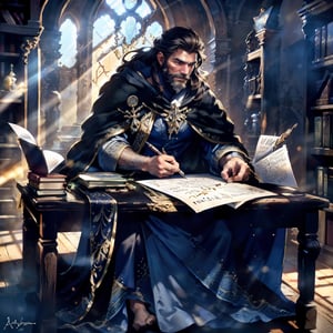 a muscular man, long hair, beard, gown, drift large cloak, , (full body shot), (writing on desk), sitting and writing at desk, fantasy ancient library background, sunlight through the exquisite window, gorgeous decorative patterns, HD resolution, highly detailed, realistic.