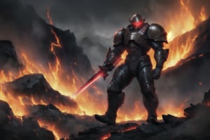 a strong man, Doom Slayer, steel helmet, red glowing eyes, glowing sword, standing amidst a hellish battlefield, volcanic eruption, lava eruption, lava. (masterpiece, best quality), (8K, UHD), (cinematic shots), highly detailed, realistic, dynamic action, illustration,rgbcolor,emotion.,Hyper Realistic photo 
