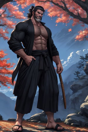 a strong man, black kimono, long coat, sandals, short hair, beard, tough, stocky, fierce eyes, strong chin, and sharp facial contours, (full body shot), standing under the maple, 4k definition, HD resolution, highly detailed, realistic, dynamic action, handsome face beard.