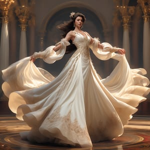 a elegant female, gorgeous white dress with wide tulle, wind blows up the clothes, long hair, elegant dance, in the palace, full body shot, 4k definition, HD resolution, highly detailed, realistic, dynamic action.