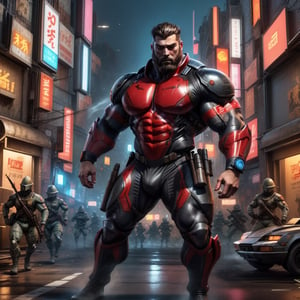 a muscular man, patternbodysuit, bodysuit,massive pecs, short hair, beard, bold, tough, stocky, fierce eyes, strong chin, and sharp facial contours, full body shot, standing at the battle field, dynamic pose, action_pose, 4k definition, HD resolution, highly detailed, realistic, dynamic action, handsome face beard.,VPL,Hyper detailed muscle,Cyberpunk