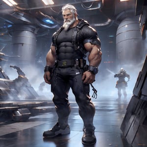  a strong man, white hair, beard, tough, (full body shot), skin-tight garment, standing at the science fiction base, HD resolution, highly detailed, realistic.