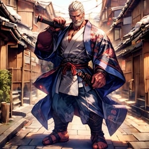 a muscular man, white hair, facial hair, Samurai, black kimono, long coat, sandals, (full body shot), holding katana, standing on the ancient japanese street,, HD resolution, highly detailed, dynamic action.