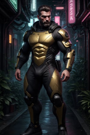 a muscular man, patternbodysuit, bodysuit, gold, & black surcoat over his cybersuit, short hair, beard, bold, tough, stocky, fierce eyes, strong chin, and sharp facial contours, (full body shot), standing at the science fiction base, dynamic pose, action_pose, 4k definition, HD resolution, highly detailed, realistic, dynamic action, handsome face beard.,VPL,Hyper detailed muscle,FuturEvoLab-Lora-Cyberpunk