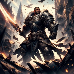 a muscular man, buzz cut, beard, warrior, rough, (full body shot), holding a huge sword and slashing, the blade hits with spark, standing in the wreckage of the battlefield, HD resolution, highly detailed, realistic, dynamic action.