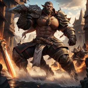 a muscular man, Orcs, warrior, beard, tough, (full body shot), holding a giant sword, on the battlefield, 4k definition, HD resolution, highly detailed, realistic, dynamic action.