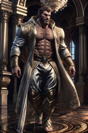 a muscular man, short hair, beard, suit, robe, exquisite clothing, elaborate, elegant, modified, magic atmosphere, complex, magical composition, beautiful detailed, (full body shot), standing on gorgeous palace floor, stained glass window background, scattered light, dynamic pose, 4k definition, HD resolution, highly detailed, realistic, dynamic action, handsome face beard.