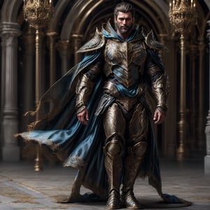 a muscular man, bronzed black armor, topaz incrustations, flowing large cloak, short hair, beard, standing in the palace, full body shot, 4k definition, HD resolution, highly detailed, realistic, dynamic action, handsome face beard.,fr4ctal4rmor,Hyper Realistic photo 