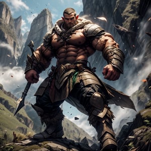 a muscular man, buzz cut, elf, beard, warrior, rough, (full body shot), top of the mountain , HD resolution, highly detailed, realistic, dynamic action.