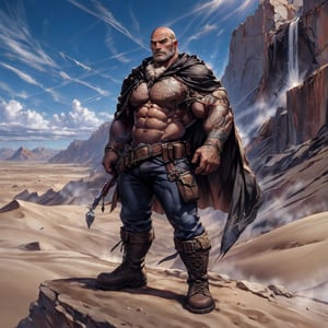  a muscular man, facial hair, bald, dark skin, tattoo, boots, belt, cape, male focus, (full body shot), standing, desert, HD resolution, highly detailed, realistic.